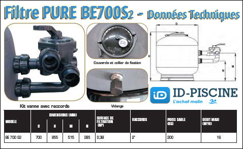 Filtre à sable bobiné Pure Bobin'Eau 700 Side2 - débit 19 m3/h - données techniques