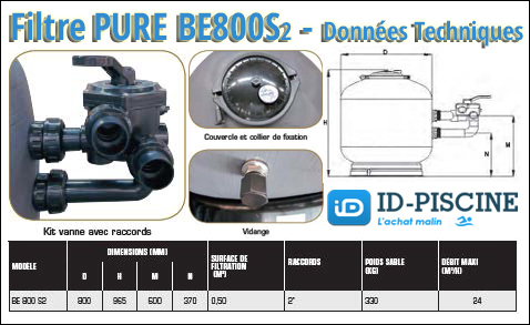 Filtre à sable bobiné Pure Bobin'Eau 800 Side2 - débit 24 m3/h - données techniques